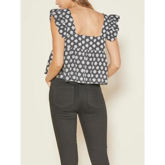 Outerknown Astrid Floral Ruffle Flutter Sleeve Blouse Top Gray Women's M NWT - Picture 2 of 11